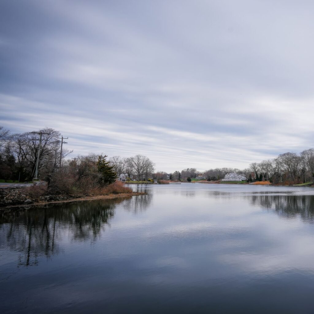 Calm water reflecting cloudy sky and winter trees in a peaceful lakeside scene.